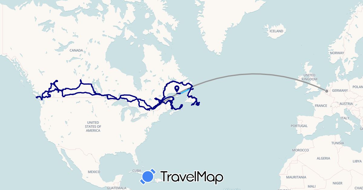 TravelMap itinerary: driving, bus, plane, hiking, boat in Belgium, Canada, France (Europe, North America)